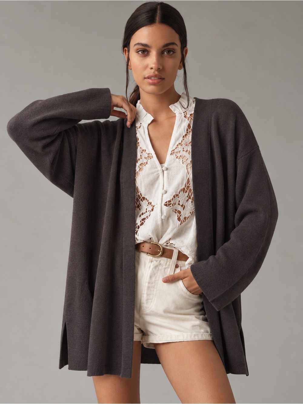 Eileen Fisher 100% Wool Open-Front  Chocolate Quiet Luxury Knit Cardigan Sz Med